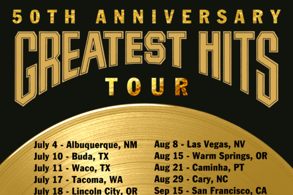 Poster for WAR's 50th Anniversary Greatest Hits Tour featuring a large gold vinyl arc and city dates list including July–Nov locations and www.WAR.com