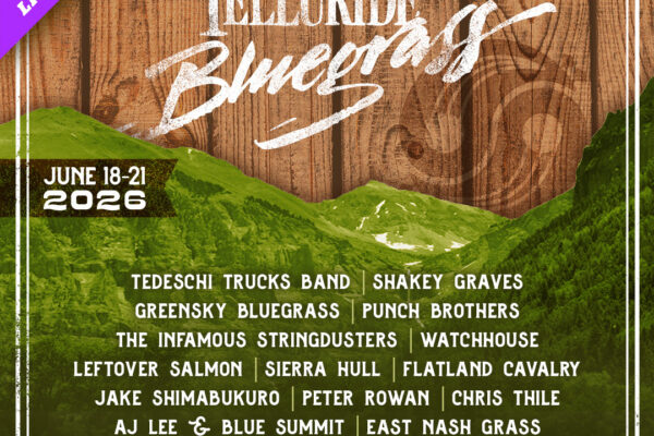 Telluride Bluegrass festival poster: June 18–21, 2026 with a large artist lineup (Tedeschi Trucks Band, Greensky Bluegrass, Punch Brothers, etc.) and banners that say LIVESTREAMS and Watch live on Nugs (mountain backdrop).