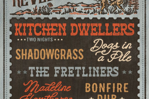 Event poster for Revel in the Park (Winter Park, CO) listing bands Kitchen Dwellers, Shadowgrass, The Fretliners, Madeline Hawthorne, Bonfire Dub, Dogs in a Pie; July 24–25, 2026.