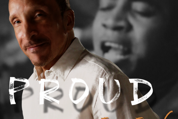 Album cover featuring a man in a white shirt, foreground, with a grayscale portrait in the background and the title 'PROUD' in bold white letters across the front; artist name 'Bizx Bigsby' in script.