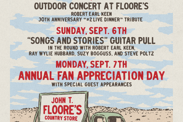 Poster for Robert Earl Keen's 5th annual Homecoming Weekend with dates and outdoor concert imagery, featuring a vintage green truck on a desert landscape and event details in red and black. Poster for Robert Earl Keen's Homecoming Weekend: Saturday Sept 5 outdoor concert and Sunday Sept 6, with a truck sign reading 'John T. Floore's Country Store' (typo as shown).