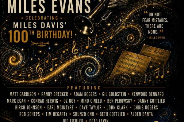 Poster for The Gil Evans Orchestra led by Miles Evans, celebrating Miles Davis’ 100th birthday, with event details.