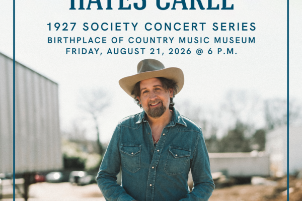 Concert poster announcing Hayes Carll at Birthplace of Country Music Museum, featuring a man in a denim shirt and cowboy hat with event details.