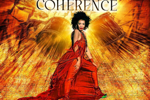 Album cover for "COHERENCE" featuring dancer Cindy Blackman Santana in a flowing red gown against a fiery orange drum backdrop, artist name shown at bottom.