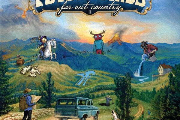 Album art cover for Futurebirds 'far out country' with surreal hillside scene and a blue vintage van in the foreground.