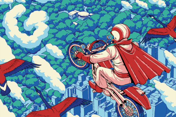 Poster-style illustration of a motorcyclist in a red cape jumping over a blue cityscape with trees and clouds, surrounded by red birds; bottom banner reads 'June 21 2026 SummerStage in Central Park New York, NY'