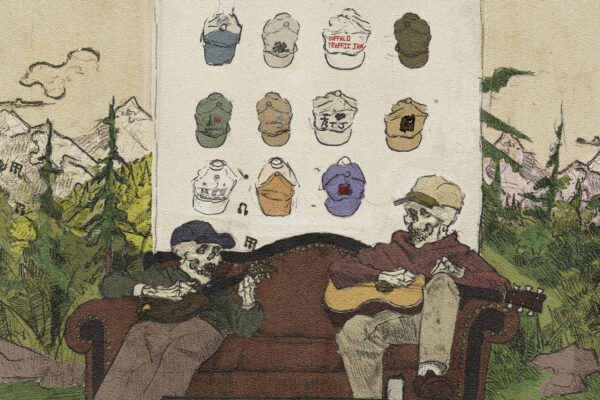 Row of illustrated bucket hats mounted on a panel above a cluttered desk with a guitar nearby (cartoon illustration).