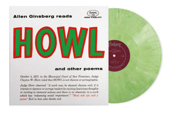 Album cover for Howl and Other Poems by Allen Ginsberg; bold green and red HOWL text, white background, with a green vinyl record partially shown to the right.