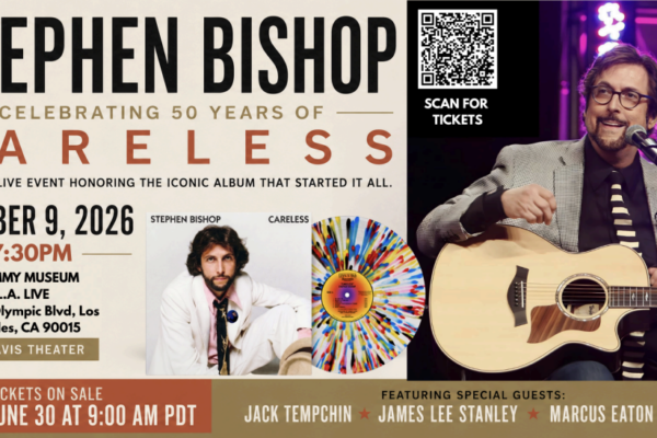 Promotional poster for Stephen Bishop: Careless 50th anniversary tour, Oct 9, 2026 at Grammy Museum L.A. Live (Clive Davis Theater); includes a QR code for tickets.