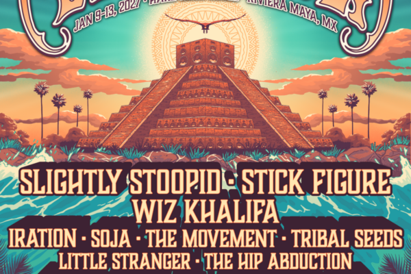 Festival poster for 'Glaster to ...' with a pyramid stage, sunset, and a list of bands; tropical desert imagery backdrop.