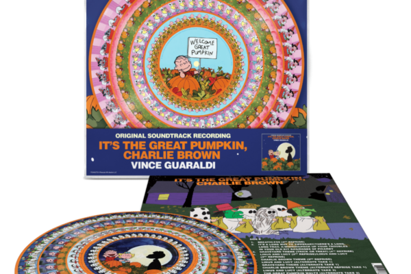 Album cover for It's the Great Pumpkin, Charlie Brown soundtrack by Vince Guaraldi, featuring a colorful circular spiral with pumpkins and characters from the Peanuts on a blue background; includes the title at the bottom.