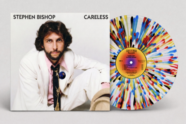 Album cover for Stephen Bishop—Careless, showing Stephen Bishop in a white suit beside a colorful splatter-pattern vinyl record.