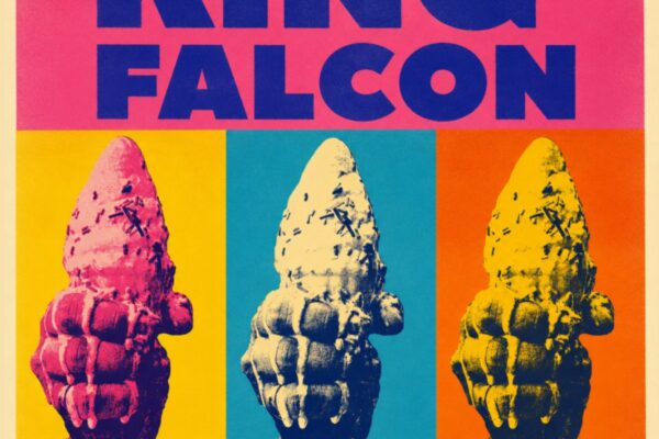 Album cover for King Falcon: 'Nothing Feels Amazing' with bold blue text on pink background and three color-blocked ice-cream-cone images in yellow, teal, and orange