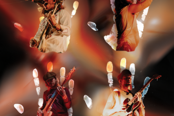 Collage of four musicians performing on a concert stage with electric guitars, surrounded by colorful light trails and spotlights.