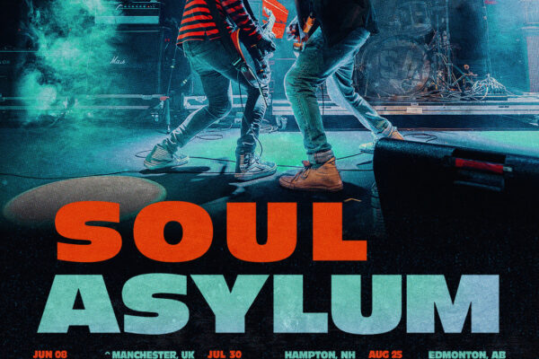 Concert poster advertising Soul Asylum tour with two guitarists on stage and bold orange 'SOUL' and teal 'ASYLUM' lettering; tour dates listed at bottom.