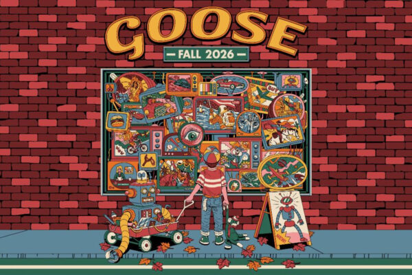 Colorful poster for Goose Fall 2026 showing a collage of retro panels, a person in a striped shirt with a small robot cart, and autumn leaves on the sidewalk.