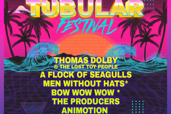Poster for Totally Tubular Festival in neon 80s style with sunset, palm trees and JWT-inspired lineup in bright yellow text.