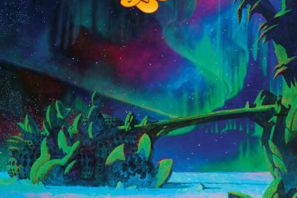 Album cover with neon aurora and a dragon-like green creature resting in a cyan lake, plus a colorful band logo at the top.