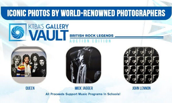 Banner for KTBA's Gallery Vault Auction: 'Iconic photos by world-renowned photographers' featuring Queen, Mick Jagger, and John Lennon.