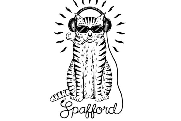 Logo illustration of a cool cat wearing headphones and sunglasses, smoking a cigarette, with a sunburst behind; caption reads 'Spafford' (Cat Shop).