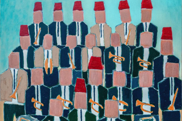Abstract painting of a large group of suited musicians wearing red fez hats, with orange trumpets, on a turquoise background; album title at top.