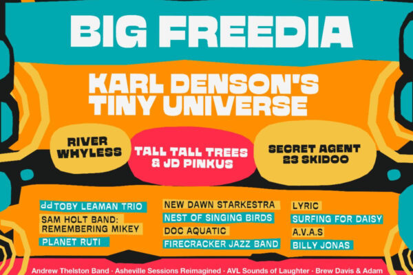 Colorful AVL Sounds Fest poster announcing Asheville, NC, Aug 6–9 with Big Freedia and Karl Denson's Tiny Universe.