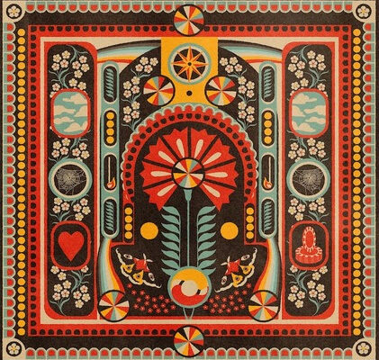 Colorful symmetrical folk-art motif featuring a central red flower, stylized leaves, and bordered panels with flowers and small animals.