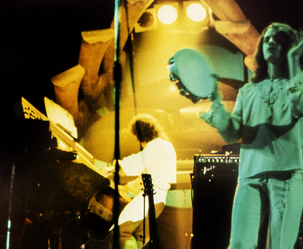 Keyboardist Patrick Moraz on the 1974 Yes Relayer tour, with vocalist Jon Anderson. Photo by Joseph R. Stercz, Cincinnati OH.
