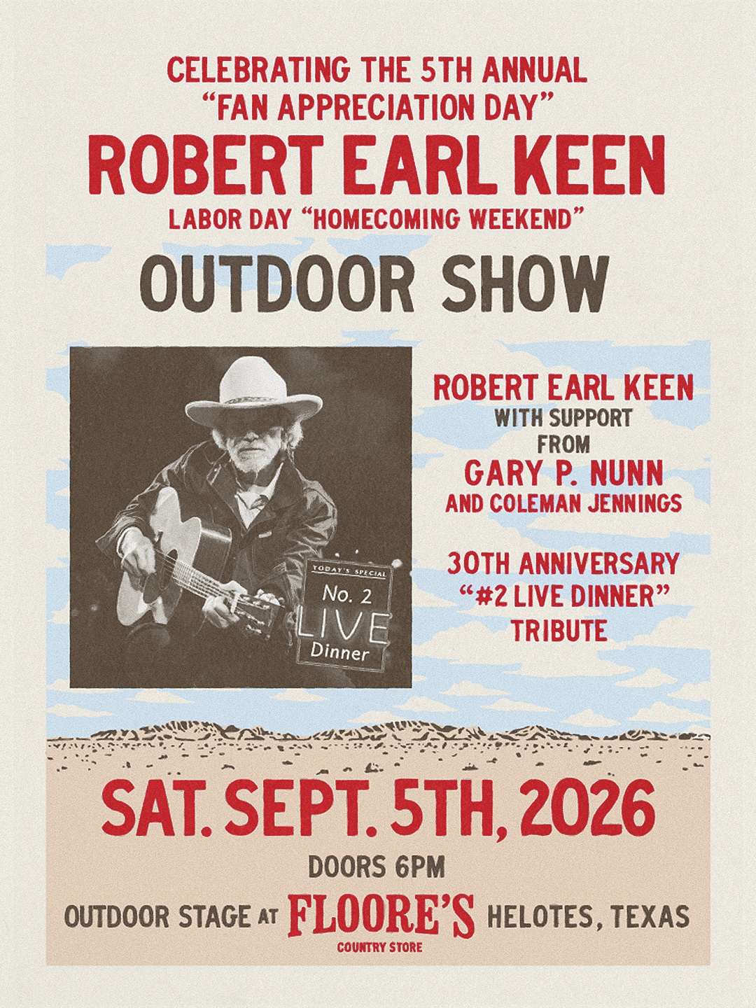 Robert Earl Keen Announces Supporting Acts for Homecoming Weekend at Floore’s Country Store