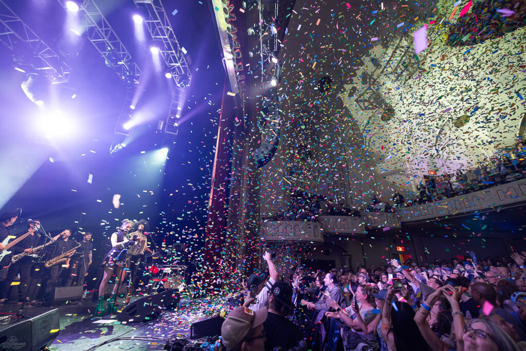 Confetti drops during the "Star Spangled Banner"
