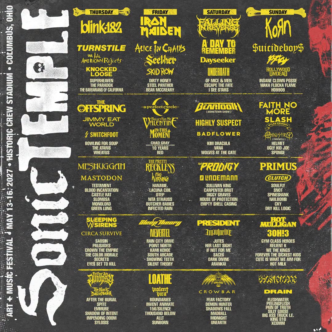 Sonic Temple 2027 Lineup: Iron Maiden, Blink-182, Korn & More